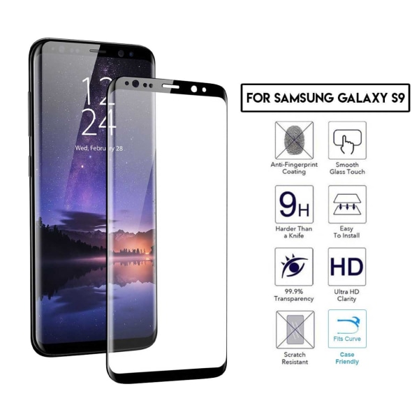 Galaxy S9 3D Curve HD Skærmbeskytter Carbon Fiber Temmeret Glas sort