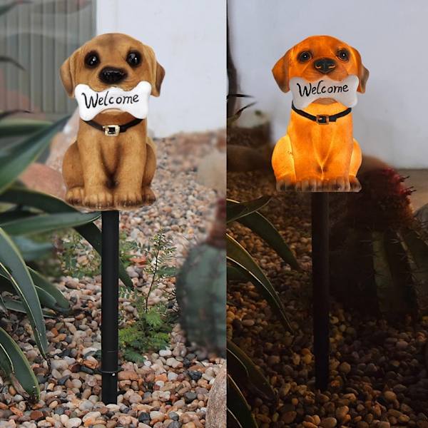 Solcellelampe LED hund 41 cm – hagedekorasjon med skumringssensor IP44