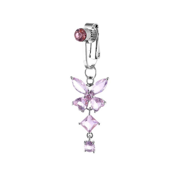 Fake Navel Piercing Clip-on Navle Ring uden hul Butterfly Crystal Pink sølv