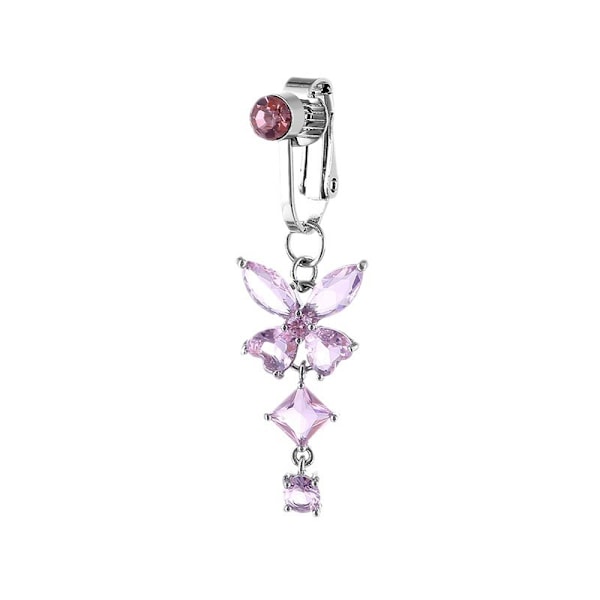 Fake Navelpiercing Clip-on Navelring Utan Hål Fjäril Kristall Rosa silver