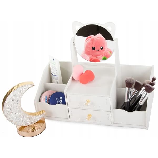 Make-up-organizer med spejl og skuffer – Opbevaringsbord til makeup hvid