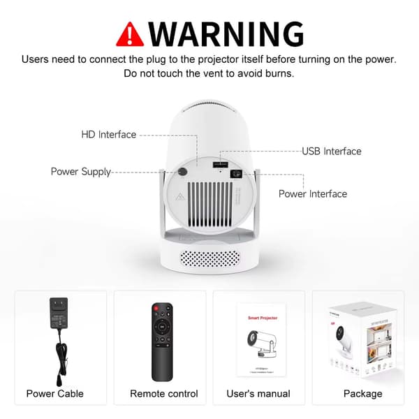 2026 HY300 Pro+ Android 14 Smart Projektor 4K, Innebygd Høyttaler hvit