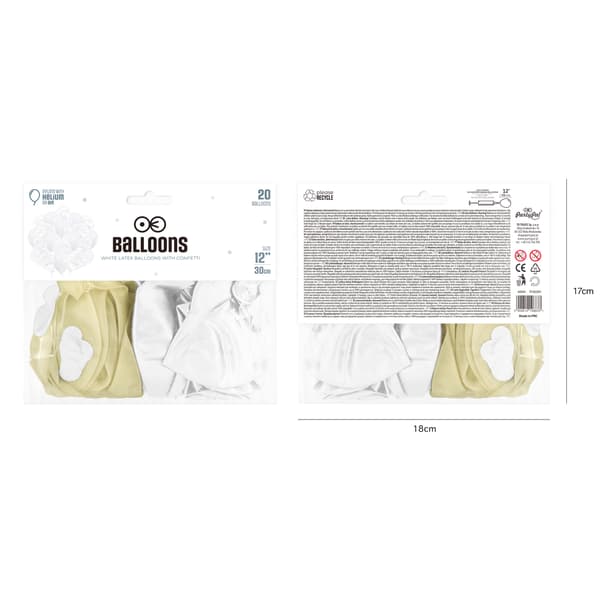 Hvide balloner med konfetti 12 tum 20 st