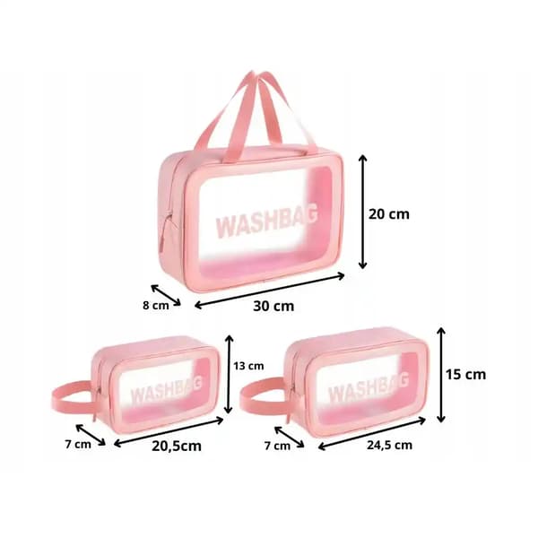 Necessär Set 3-Pack Transparent – Resenecessär i 3 Storlekar med Dragkedja Rosa