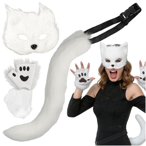 Katt / Räv Maskeradset 4-Delar – Mask, Svans & Tassar Vit