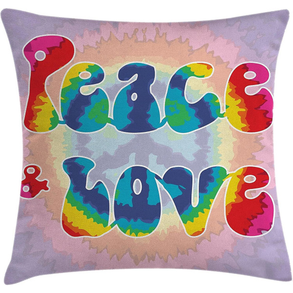 Groovy cover Kuddfodral , Peace And Love Text In Tie Dye Effect Mönster Energisk Ungdomligt roligt 60-tal 70-tal Hippie, 18" X 18", Mauve Rainbow