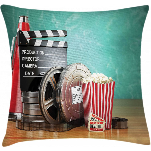 Biograf Cover, produktionstema 3d-filmrullar Clapperboard-biljetter Popcorn och megafon, 18" X 18", flerfärgad