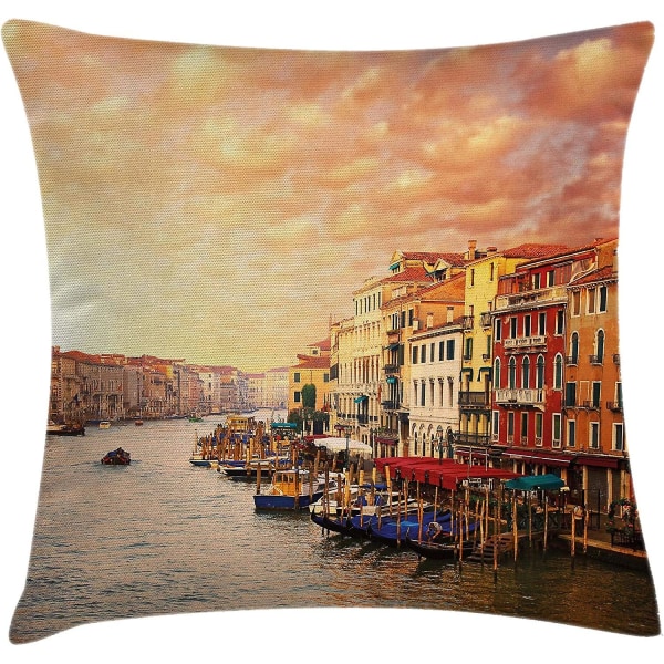 Landskap Cover, Venezia City Italienskt landskap med gamla hus Gondoler och spikar Bild, 18" X 18", orangegul