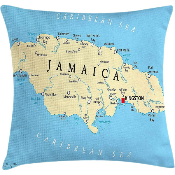 Jamaican cover, karta över Jamaica Kingston Karibiska havet Viktiga platser i landet, 18" X 18", blåbeige