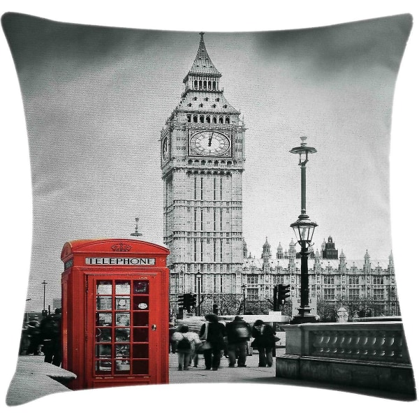 London cover, berömd telefonkiosk och Big Ben i England Gatuvy över staden retrospektiv konst, 18" X 18", rödgrå