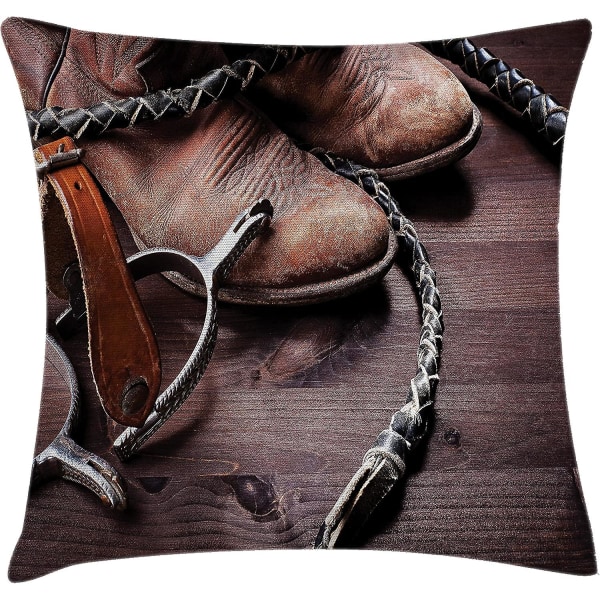 Cover för västra kuddar, gamla läderstövlar och sporrar Rustik rodeoutrustning Usa Style Print, 18" X 18", brun