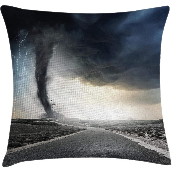 Nature Cover, svart tornadotratt Gas och åska som rullar på vägen Fume Disaster Monokromt print, 18" X 18", Gråblå