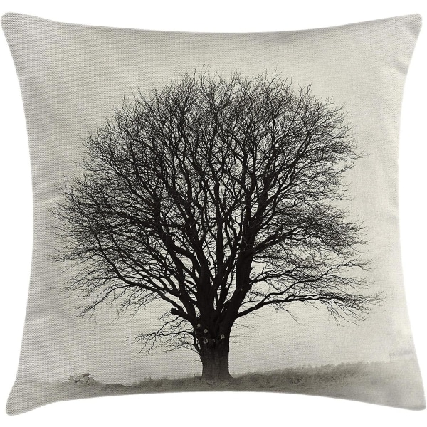 Grå cover, ett foto av ett stort träd på ett fält av grenar under höstsäsongen Monokrom stil landskapskonstverk, 18" X 18", beige svart