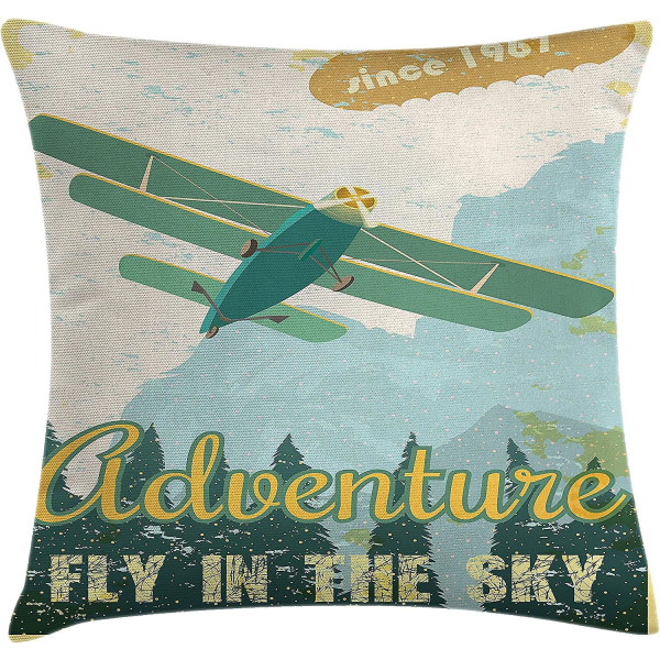 Vintage cover, Retro Plane In The Sky Trees Sixties Propeller Engine Historical Flight Murky, 16" X 16", Teal Yellow