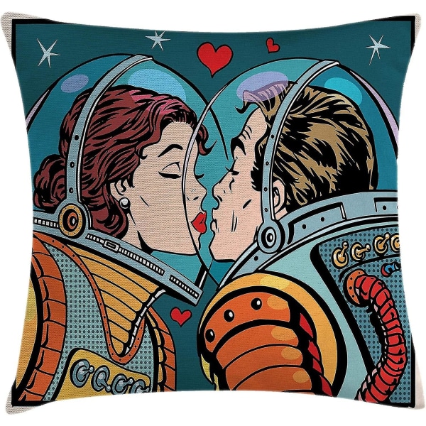 Kärlek Cover, Rymd Man och Kvinna Astronauter Kyssar Science Cosmos Par Pop Art Design Print,18" X 18", Orange Teal