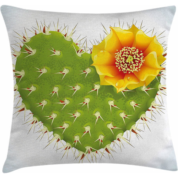 Cover för kaktus, taggig kaktus i form av hjärta och gul blomma med Opuntia spikar, 18" X 18", orangegul