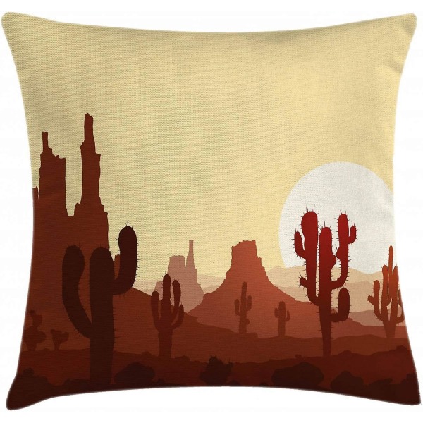 Cover för kaktus, torrt lantligt landskap med solnedgång i stenöknen Saguaro och berg, 18" X 18", gulbrun redwood