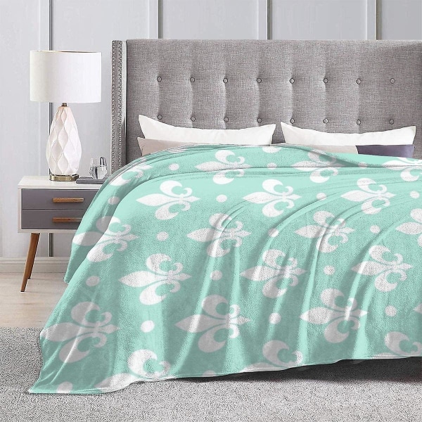 Vit Fleur De Lis På Mint Bakgrund Slängfilt Mjuk flanell fleecefilt för soffa,säng,soffa,stol Kontor,resor,camping-r358 50x40in 125x100cm