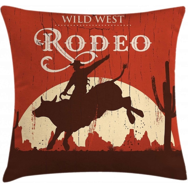 Vintage cover, Rodeo Cowboy Riding Bull Träskylt Västerländsk stil Vildmark vid solnedgången bild, 18" X 18", Redwood Orange