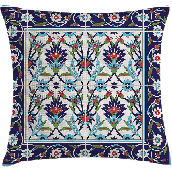 Cover med turkiskt mönster, mosaikplattor med naturinspirerade prydnader Tulpaner och tusenskönor med lockar, 18" X 18", turkosvit