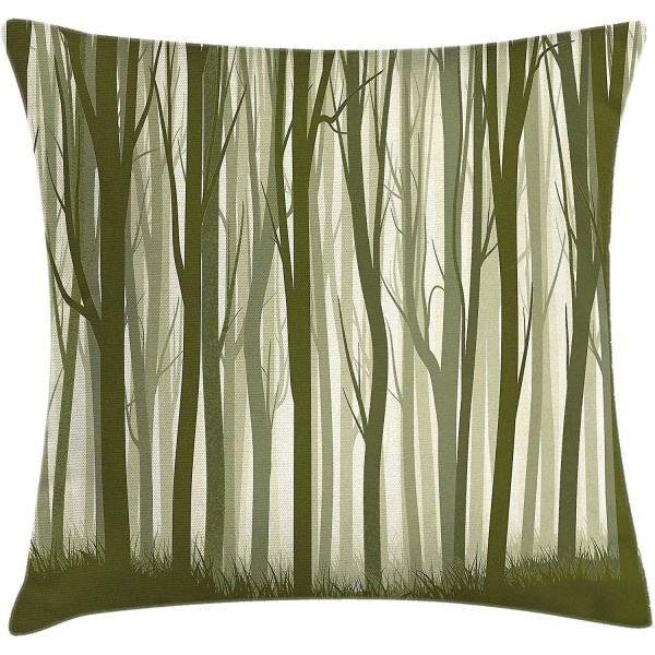Skog Cover, Moder Natur tema Illustration av mystisk skog med träd print, 18" X 18", Army Green