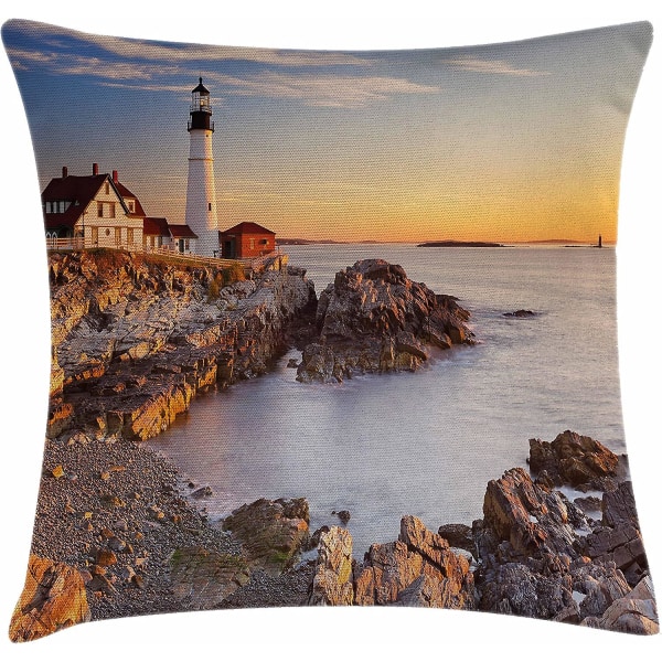 USA Cover, Cape Elizabeth Maine River Portland Lighthouse Sunrise Usa Coast Scenery, 18" X 18", Blue Tan