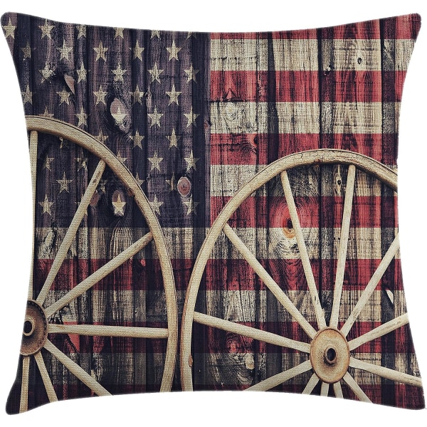 Västerländsk cover, antika vagnsvagnshjul Amerikanska flaggan i retro vintage New World Print,18" X 18", Beige Sepia
