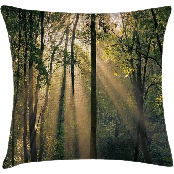 Cover i skogen, morgonsolstrålar genom träd Sommarlandsbygden naturskön vy, 18" X 18", grönbeige