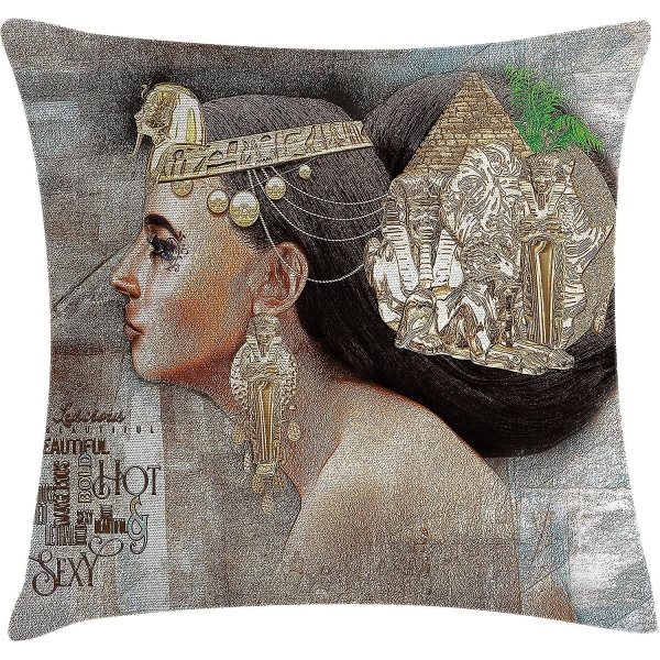 Egyptiskt print Cover, Kvinna Queen Cleopatra Profil Historisk konstscen med Pyramid Sphinx, 18" X 18", Beige
