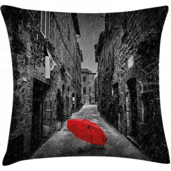 Svart och vitt cover, rött paraply på en mörk smal gata i Toscana Italien regnig vinter, 18" X 18", ljusbrun