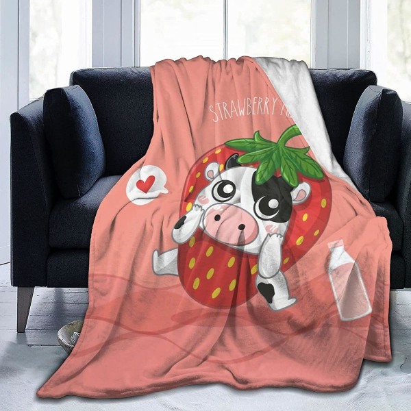Söt Rosa Strawberry Cow Fleece Täcke Lättvikt Mjuk Mysig bäddsoffa Vardagsrum All Season-p266 80x60in 200x150cm