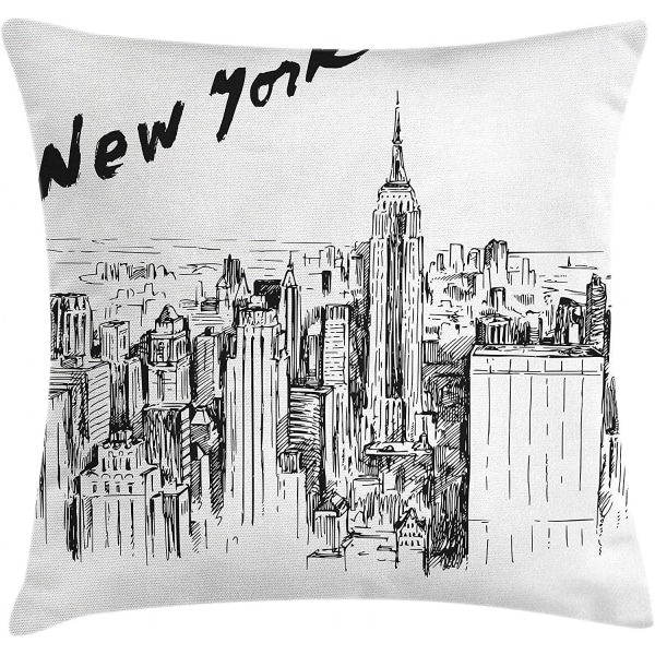 New York cover, vintage handritad stadslandskap med skyskrapor Skissstil Downtown, 18" X 18", kolgrå vit
