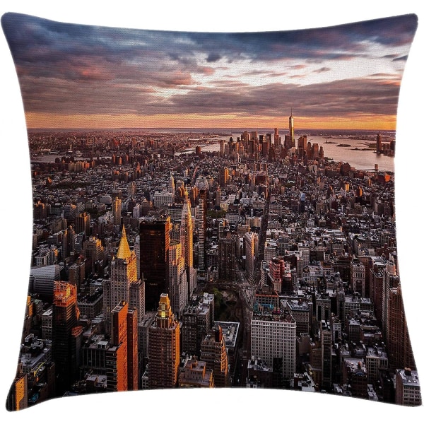Usa Cover, Flygfoto över Manhattans skyline vid solnedgången Famous Financial District Nyc, 18" X 18", Vit Orange