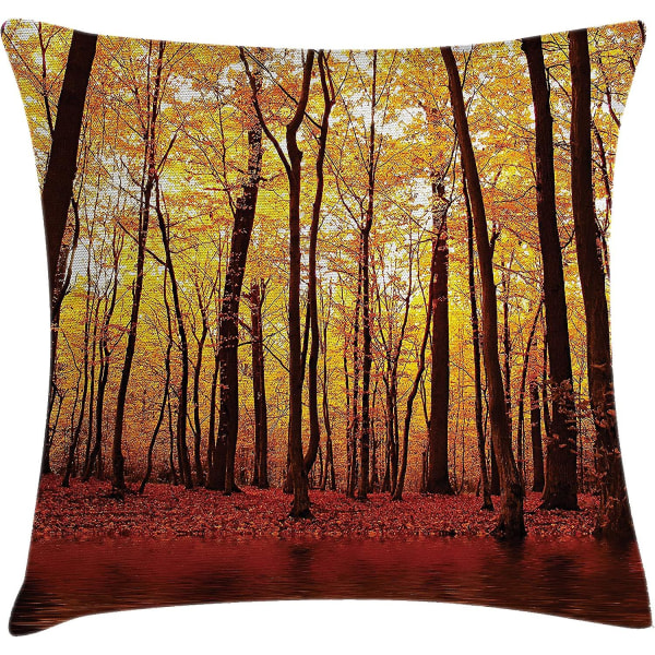 Nature Cover, Skogsträd på hösten med orange varma löv Lake Woodsy Design Farmhouse, 18" X 18", brun orange