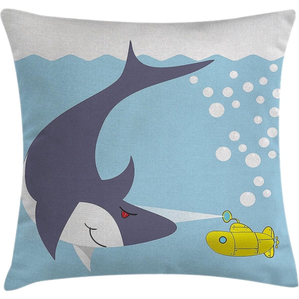 Gul ubåt Cover, haj med kärl i havet bubblor under havet tema djur tecknad, 18" X 18", blågrå
