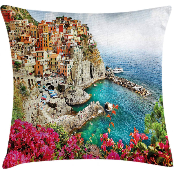Italien Cover, Monarola Antique Village I Cinque Terre Coastal Panorama Summer Beach Natursköna vy, 18" X 18", Multicolor