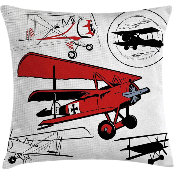 Vintage flygplan Cover, illustration av olika biplan Nostalgiska antika silhuetter print, 18" X 18", Röd Svart