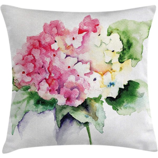 Blommig cover Kuddfodral, Hortensia Blombukett i Akvarell Blommor Botanik Kronblad Bild, 18" X 18", Rosa Gul