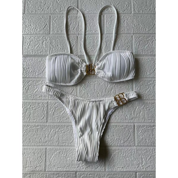 Thailand bikini med metallspänne, sexig exporttillverkare, flerfärgad, liten byst, fashionins-stil, separata badkläder, kvinnlig b-formad spänne Off whiteH23187 XL