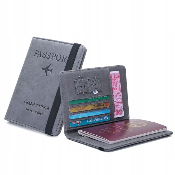 Läder ETUI för pass RFID-kortpaket grå grey