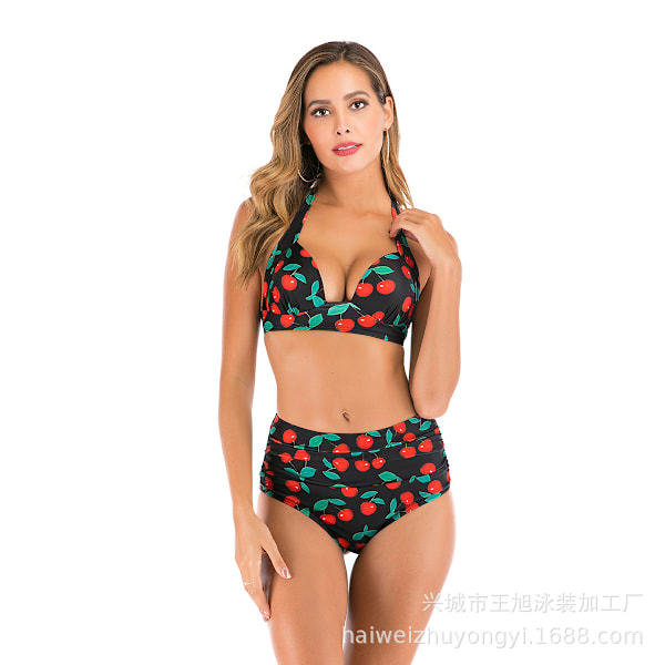 Ny delad baddräkt sexig enfärgad tryckt bikini baddräkt dam black cherry M