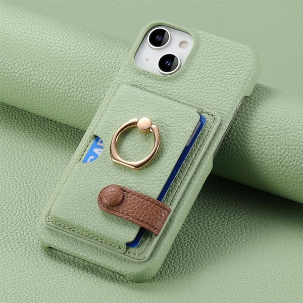 Etui til iPhone 14 Matcha Grønn Pebbled Enkel Lommebok med Kortholder Ring