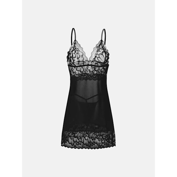 Sexig spetsnattlinne med hängslen i mesh, genomskinlig, sexig dräkt black S