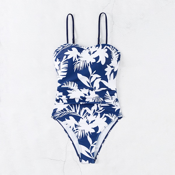 2024 Ny Ankomst Modeexport En-Delad Baddräkt Dam Spaghettiband Slank Vacker Ryggtryck Allt-i-Ett Baddräkt Amazon Blue background with white flowers S