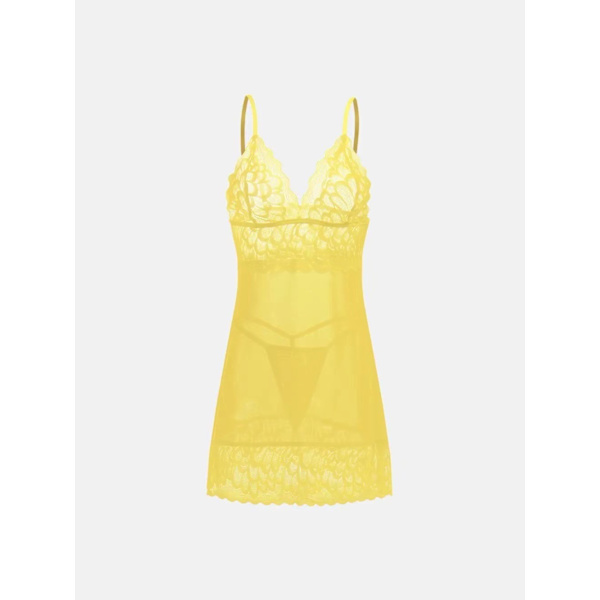 Sexig spetsnattlinne med hängslen i mesh, genomskinlig, sexig dräkt yellow S