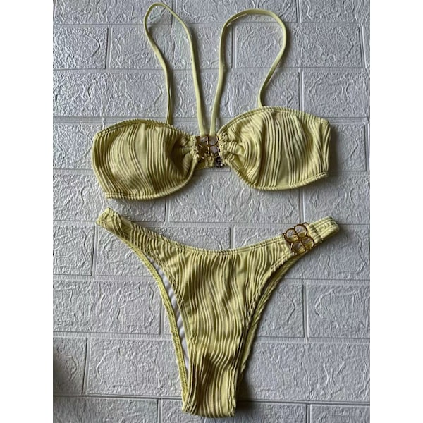 Thailand bikini med metallspänne, sexig exporttillverkare, flerfärgad, liten byst, fashionins-stil, separata badkläder, kvinnlig b-formad spänne yellowH23187 XL