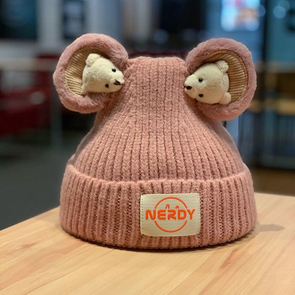 Barnhatt höst vinter stereo björn mössa pojke flicka vinter tecknad förtjockad värmeteknik familj ullhatt pink