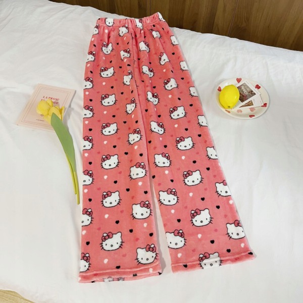 Tecknad HelloKitty flanellpyjamas Plysch och tjock isoleringspyjamas för kvinnor Watermelon Red M