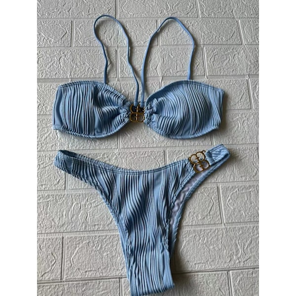 Thailand bikini med metallspänne, sexig exporttillverkare, flerfärgad, liten byst, fashionins-stil, separata badkläder, kvinnlig b-formad spänne blueH23187 M