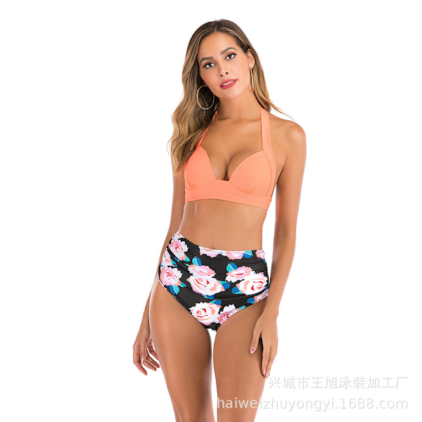 Ny delad baddräkt sexig enfärgad tryckt bikini baddräkt dam Orange+floral pants L